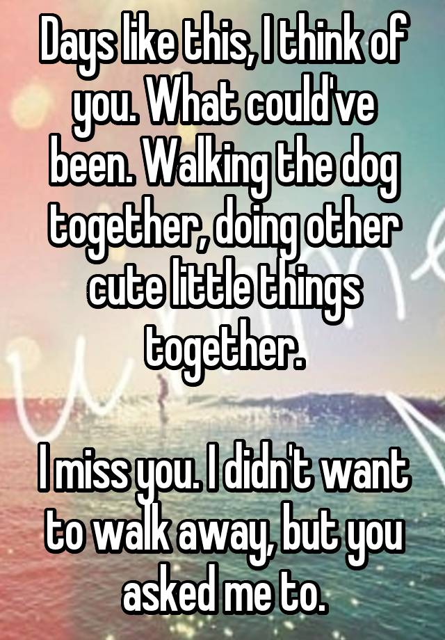 Days like this, I think of you. What could've been. Walking the dog together, doing other cute little things together.

I miss you. I didn't want to walk away, but you asked me to.