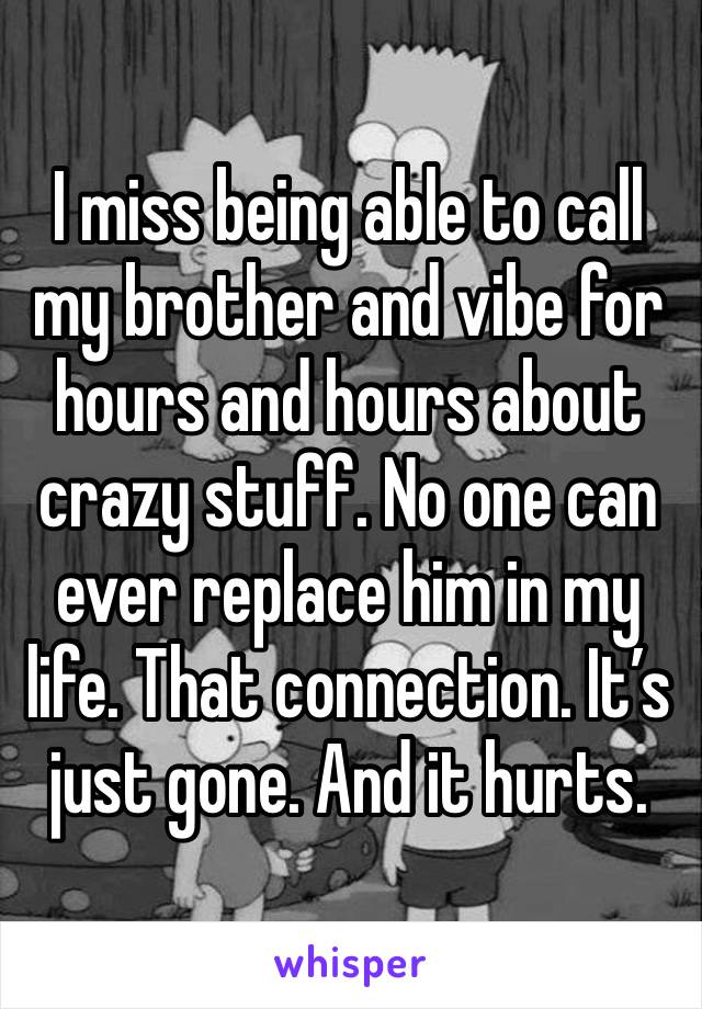 I miss being able to call my brother and vibe for hours and hours about crazy stuff. No one can ever replace him in my life. That connection. It’s just gone. And it hurts.