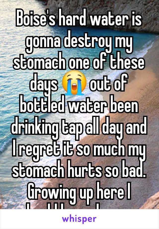 Boise's hard water is gonna destroy my stomach one of these days 😭 out of bottled water been drinking tap all day and I regret it so much my stomach hurts so bad. Growing up here I should know by now