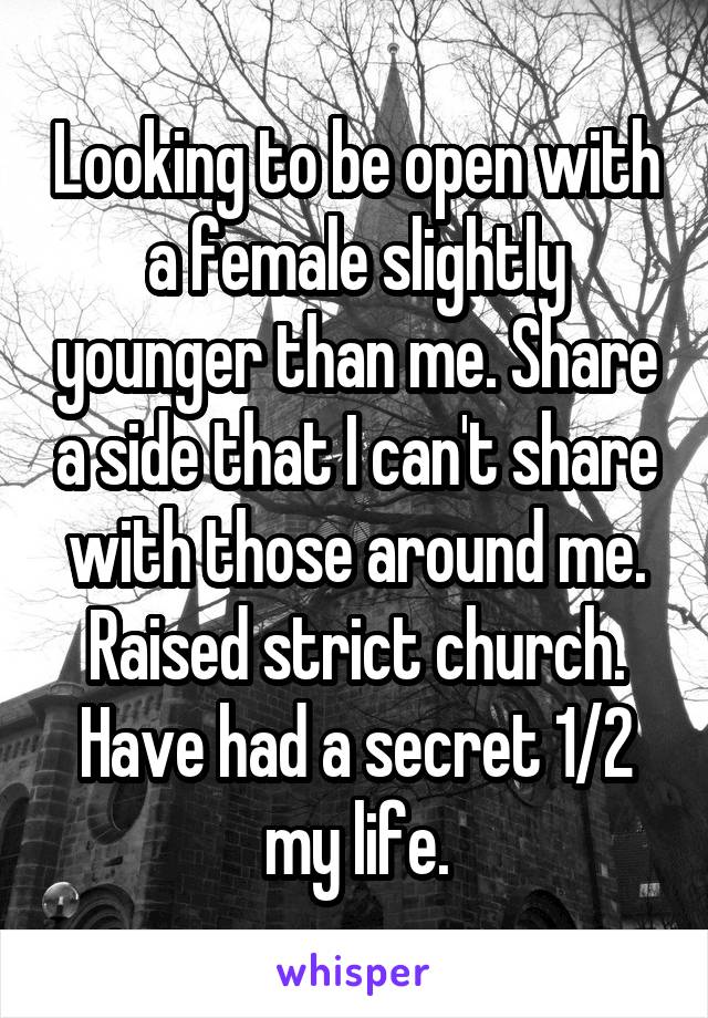 Looking to be open with a female slightly younger than me. Share a side that I can't share with those around me. Raised strict church. Have had a secret 1/2 my life.