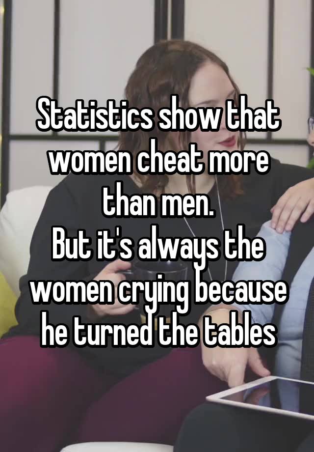 Statistics show that women cheat more than men.
But it's always the women crying because he turned the tables