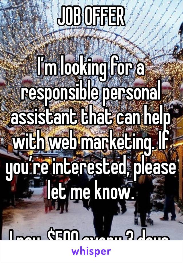 JOB OFFER 

I’m looking for a responsible personal assistant that can help with web marketing. If you’re interested, please let me know.

I pay, $500 every 3 days.