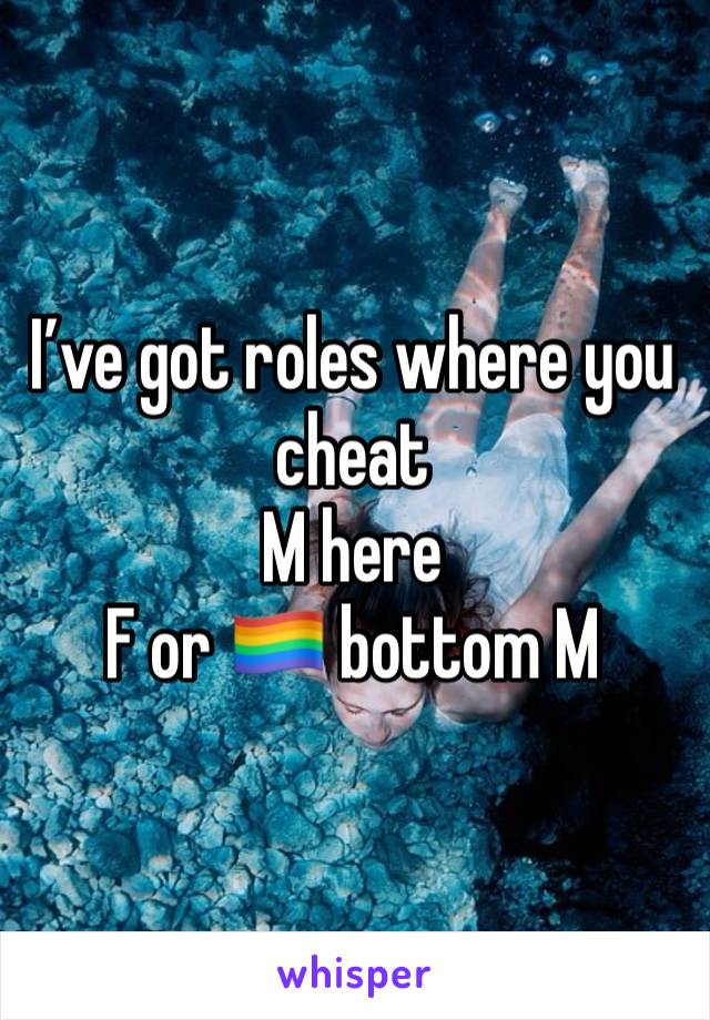 I’ve got roles where you cheat
M here
F or 🏳️‍🌈 bottom M