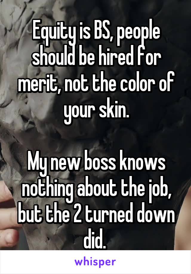 Equity is BS, people should be hired for merit, not the color of your skin.

My new boss knows nothing about the job, but the 2 turned down did. 