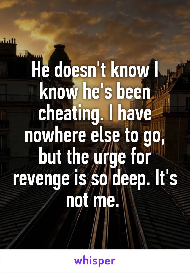 He doesn't know I know he's been cheating. I have nowhere else to go, but the urge for revenge is so deep. It's not me. 