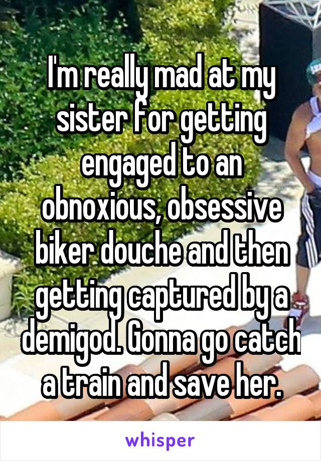 I'm really mad at my sister for getting engaged to an obnoxious, obsessive biker douche and then getting captured by a demigod. Gonna go catch a train and save her.