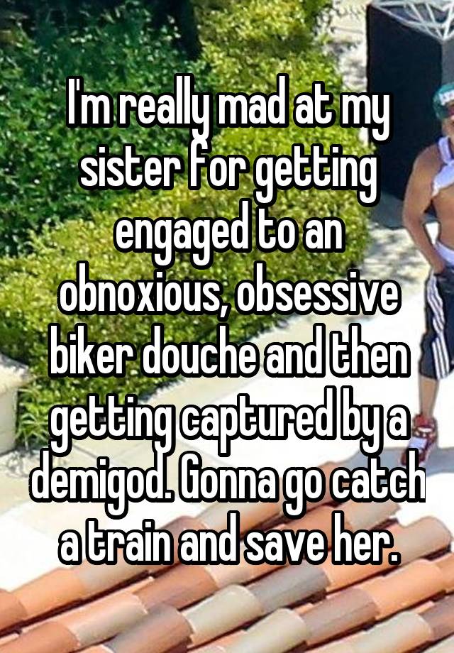 I'm really mad at my sister for getting engaged to an obnoxious, obsessive biker douche and then getting captured by a demigod. Gonna go catch a train and save her.