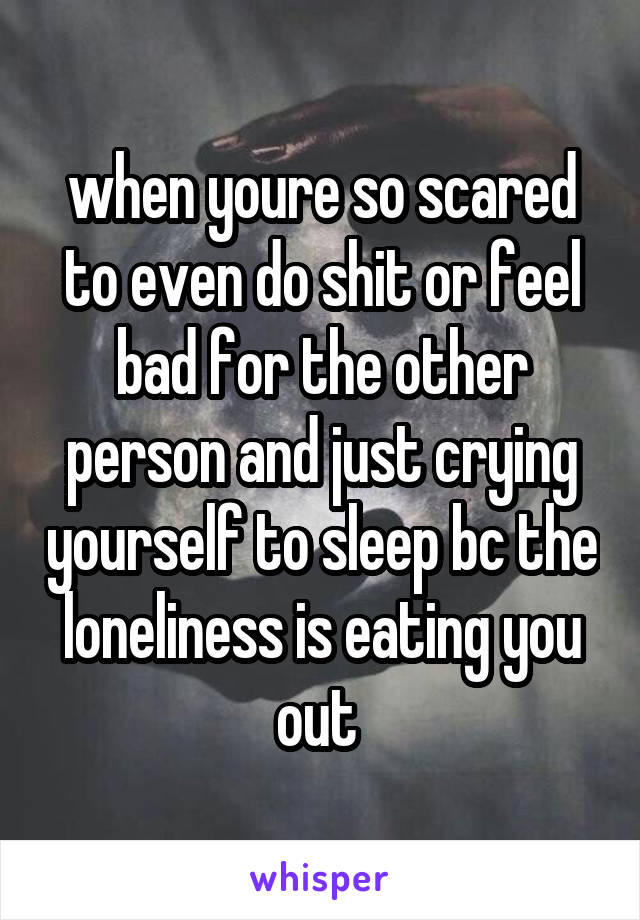 when youre so scared to even do shit or feel bad for the other person and just crying yourself to sleep bc the loneliness is eating you out 