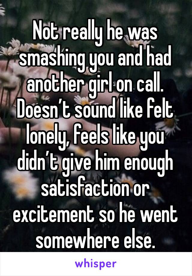 Not really he was smashing you and had another girl on call. Doesn’t sound like felt lonely, feels like you didn’t give him enough satisfaction or excitement so he went somewhere else.