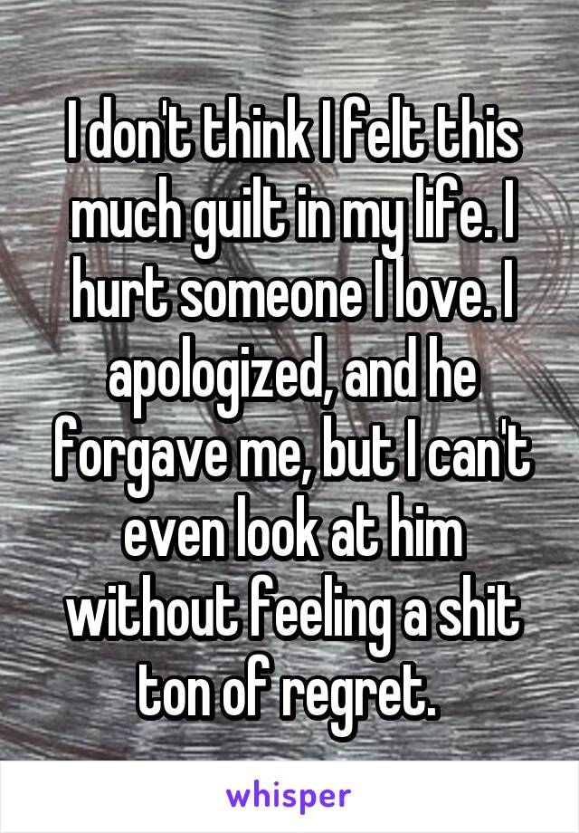 I don't think I felt this much guilt in my life. I hurt someone I love. I apologized, and he forgave me, but I can't even look at him without feeling a shit ton of regret. 