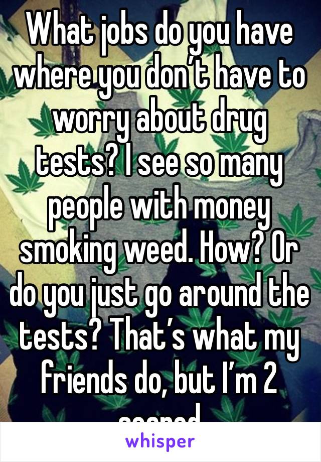 What jobs do you have where you don’t have to worry about drug tests? I see so many people with money smoking weed. How? Or do you just go around the tests? That’s what my friends do, but I’m 2 scared