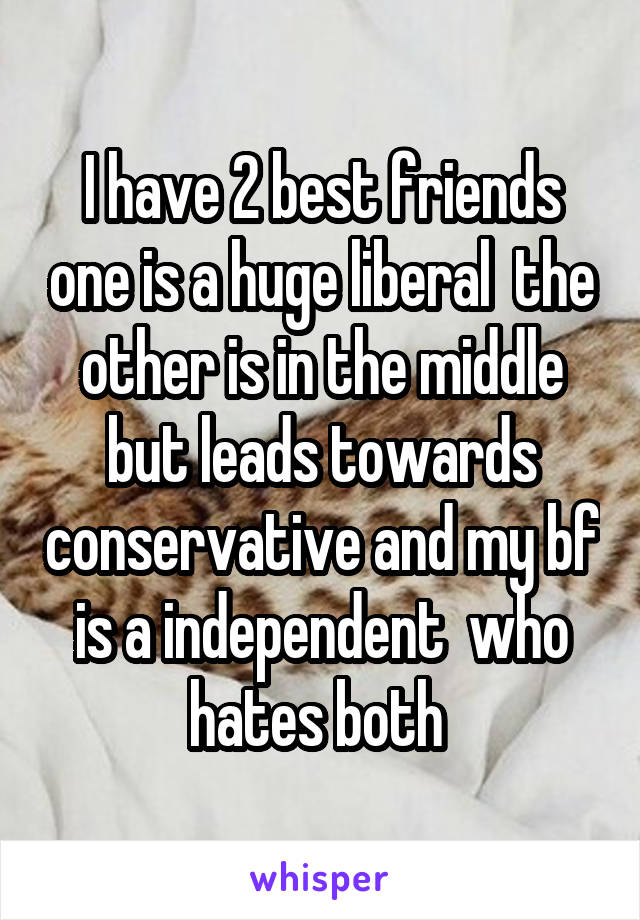 I have 2 best friends one is a huge liberal  the other is in the middle but leads towards conservative and my bf is a independent  who hates both 