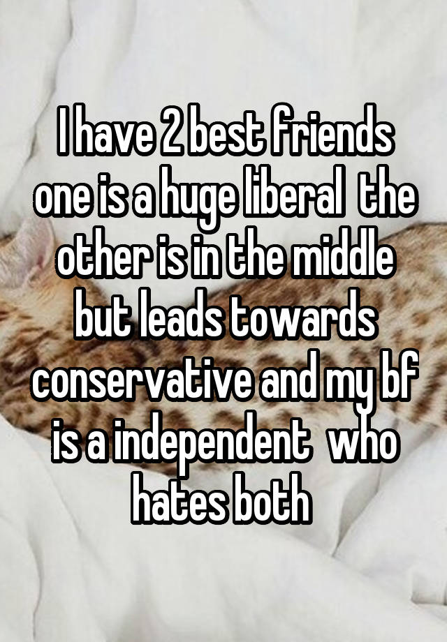 I have 2 best friends one is a huge liberal  the other is in the middle but leads towards conservative and my bf is a independent  who hates both 