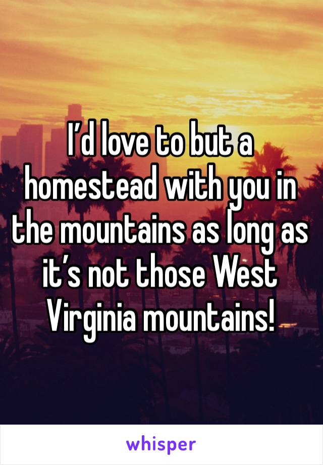 I’d love to but a homestead with you in the mountains as long as it’s not those West Virginia mountains!