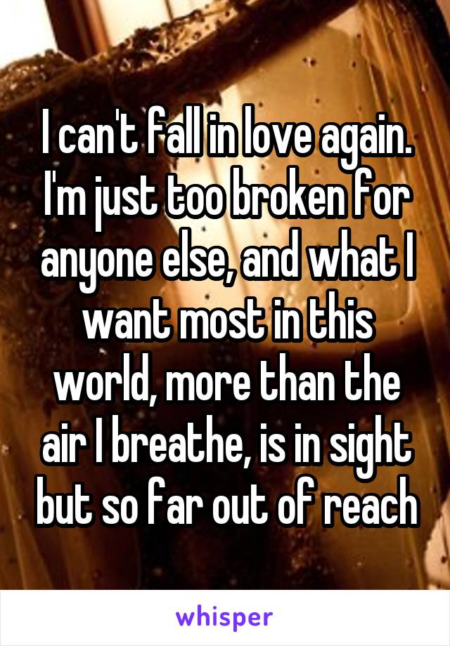 I can't fall in love again. I'm just too broken for anyone else, and what I want most in this world, more than the air I breathe, is in sight but so far out of reach