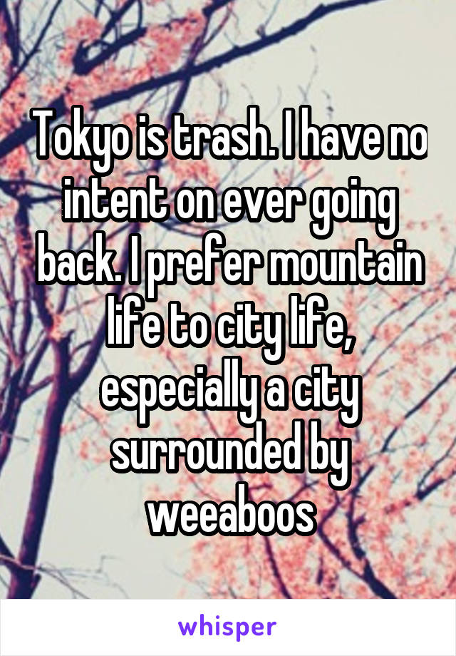 Tokyo is trash. I have no intent on ever going back. I prefer mountain life to city life, especially a city surrounded by weeaboos