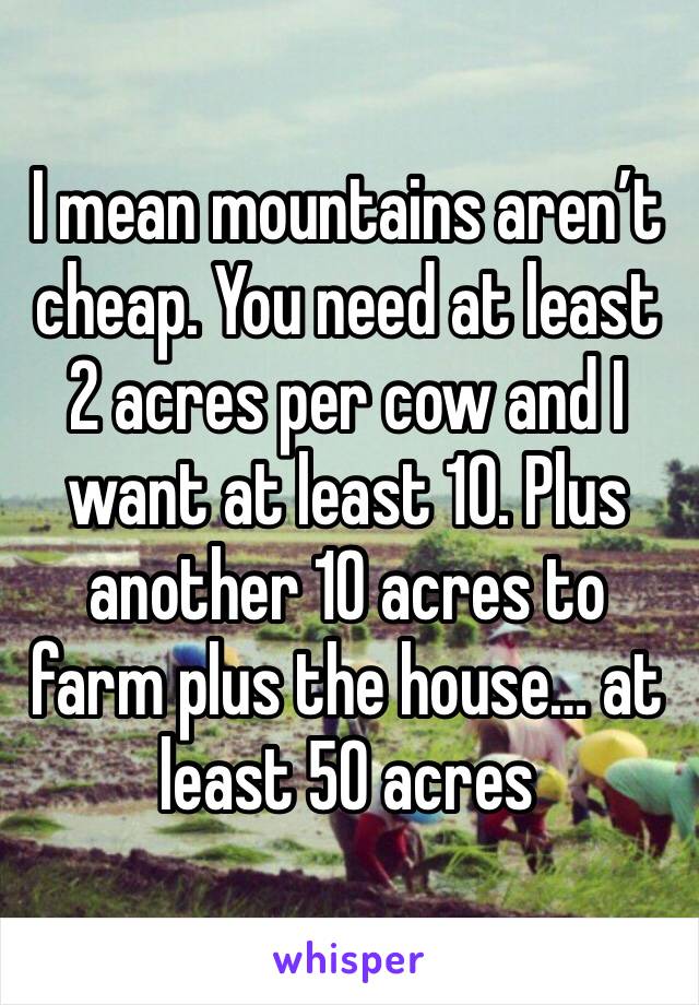 I mean mountains aren’t cheap. You need at least 2 acres per cow and I want at least 10. Plus another 10 acres to farm plus the house… at least 50 acres