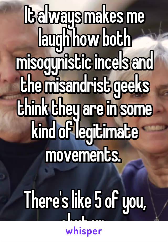 It always makes me laugh how both misogynistic incels and the misandrist geeks think they are in some kind of legitimate movements. 

There's like 5 of you, shut up.