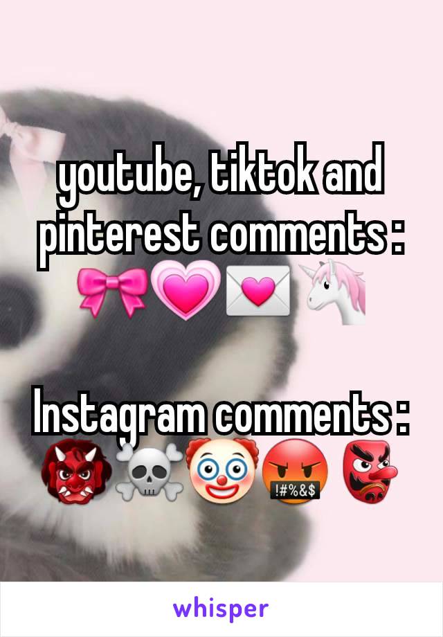 youtube, tiktok and pinterest comments : 🎀💗💌🦄

Instagram comments : 👹☠🤡🤬👺