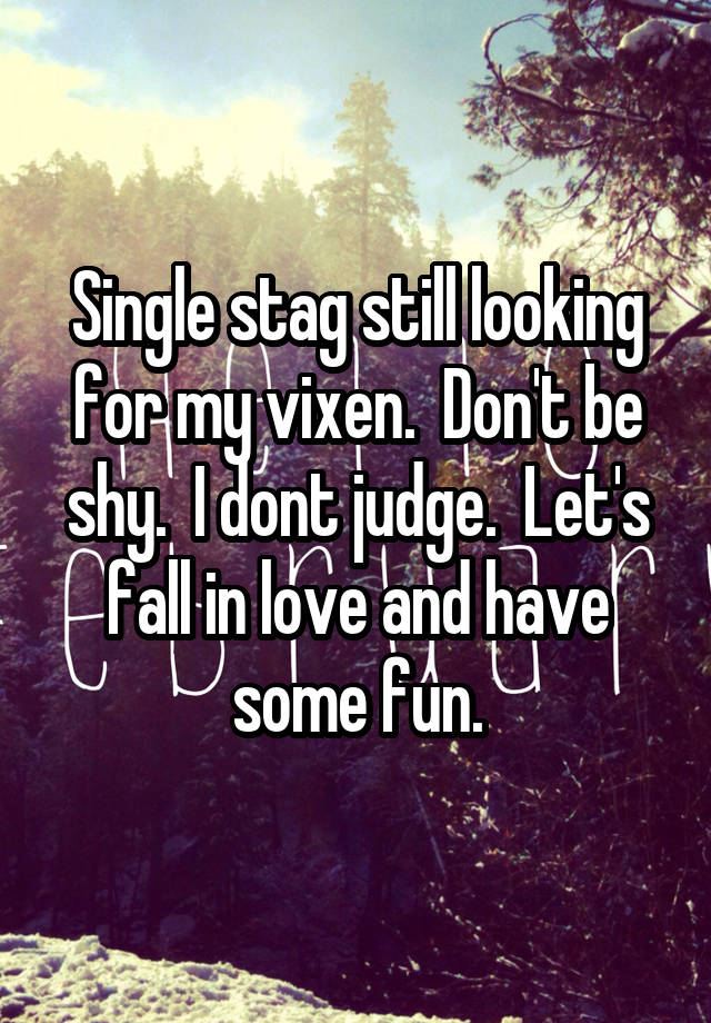 Single stag still looking for my vixen.  Don't be shy.  I dont judge.  Let's fall in love and have some fun.