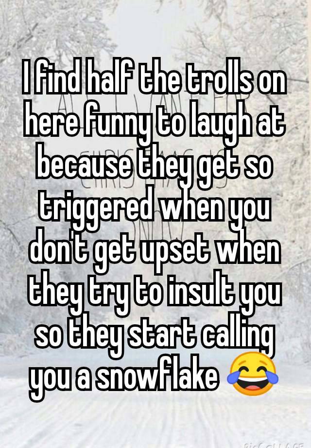 I find half the trolls on here funny to laugh at because they get so triggered when you don't get upset when they try to insult you so they start calling you a snowflake 😂