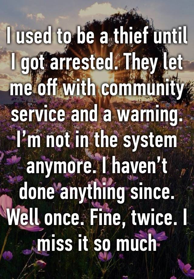 I used to be a thief until I got arrested. They let me off with community service and a warning. I’m not in the system anymore. I haven’t done anything since. Well once. Fine, twice. I miss it so much