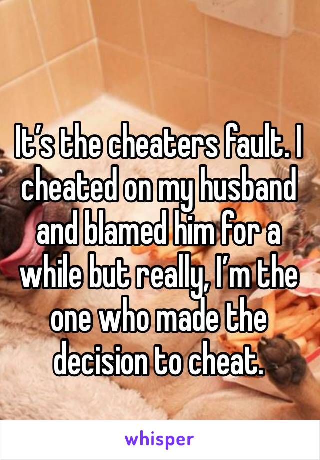 It’s the cheaters fault. I cheated on my husband and blamed him for a while but really, I’m the one who made the decision to cheat. 