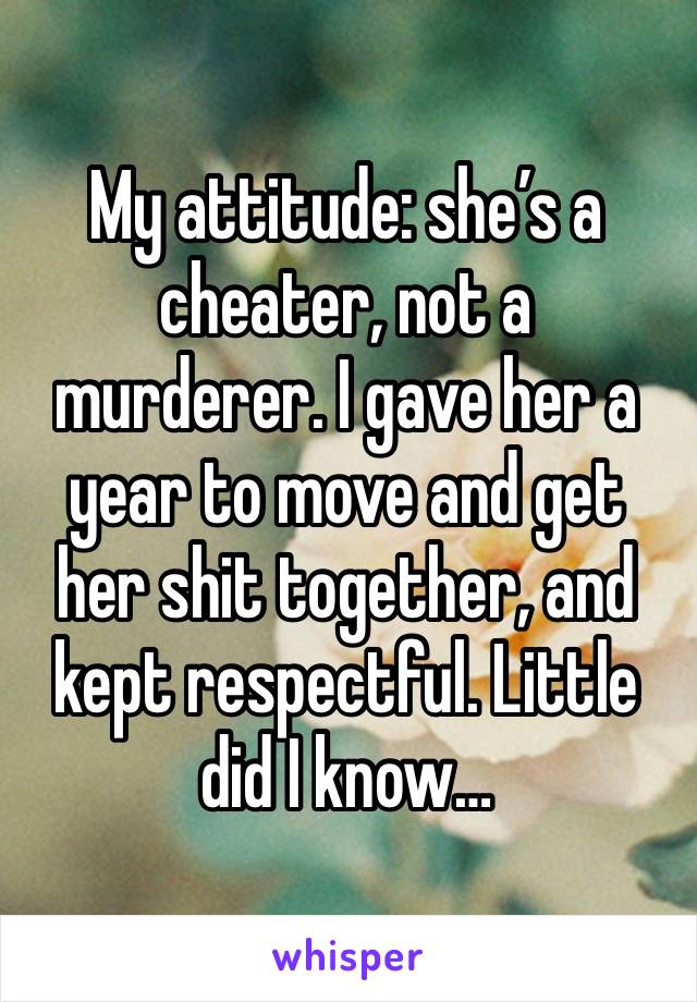 My attitude: she’s a cheater, not a murderer. I gave her a year to move and get her shit together, and kept respectful. Little did I know…