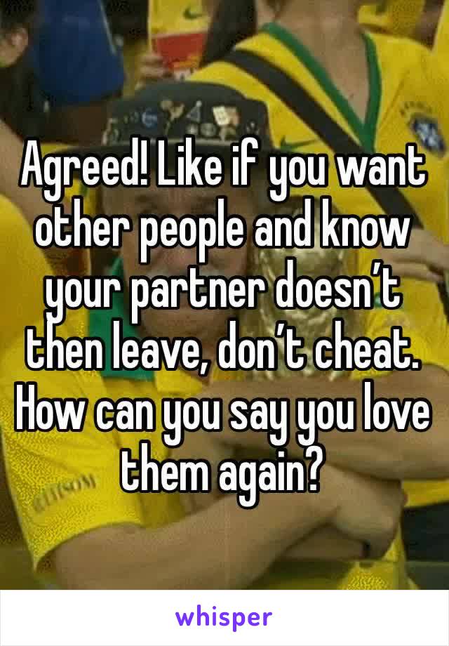 Agreed! Like if you want other people and know your partner doesn’t then leave, don’t cheat. How can you say you love them again?