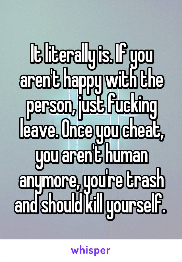 It literally is. If you aren't happy with the person, just fucking leave. Once you cheat, you aren't human anymore, you're trash and should kill yourself. 