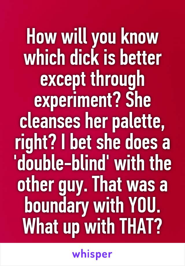 How will you know which dick is better except through experiment? She cleanses her palette, right? I bet she does a 'double-blind' with the other guy. That was a boundary with YOU. What up with THAT?