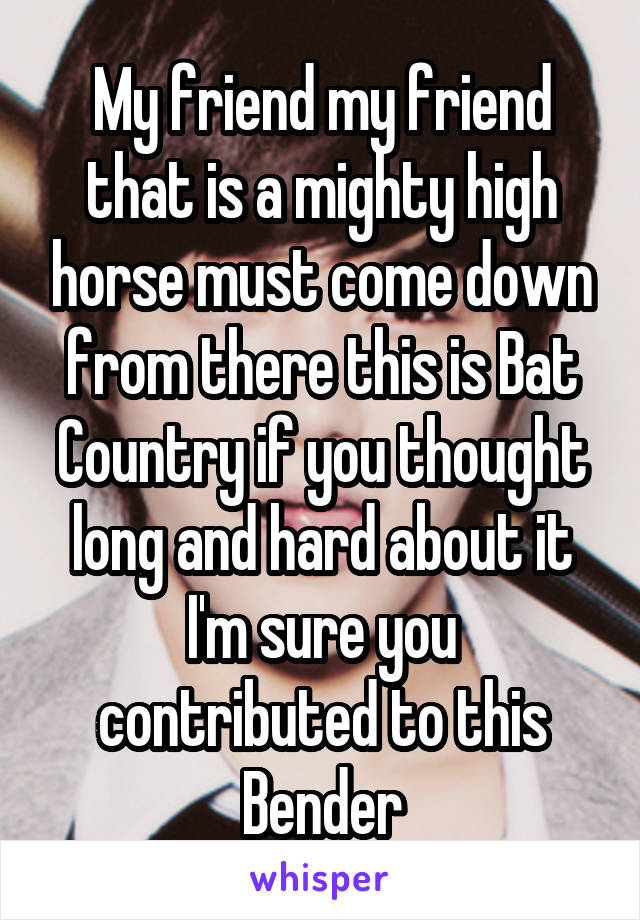 My friend my friend that is a mighty high horse must come down from there this is Bat Country if you thought long and hard about it I'm sure you contributed to this Bender