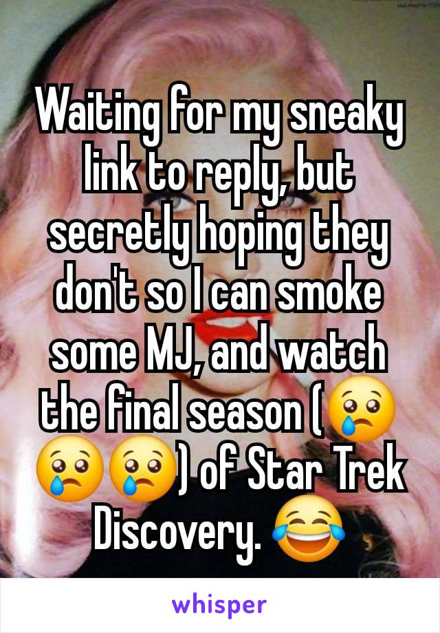 Waiting for my sneaky link to reply, but secretly hoping they don't so I can smoke some MJ, and watch the final season (😢😢😢) of Star Trek Discovery. 😂