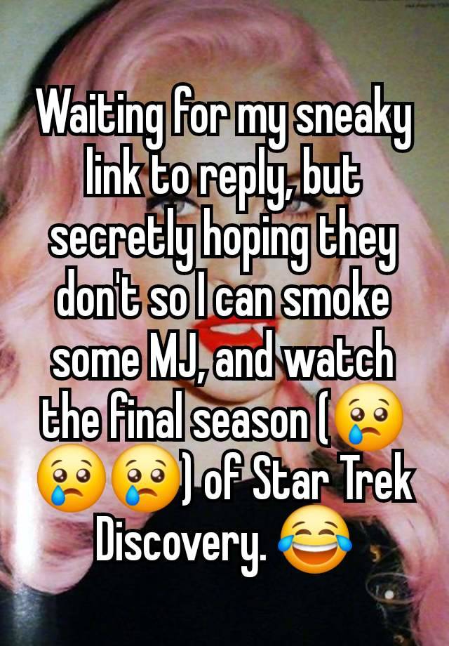 Waiting for my sneaky link to reply, but secretly hoping they don't so I can smoke some MJ, and watch the final season (😢😢😢) of Star Trek Discovery. 😂