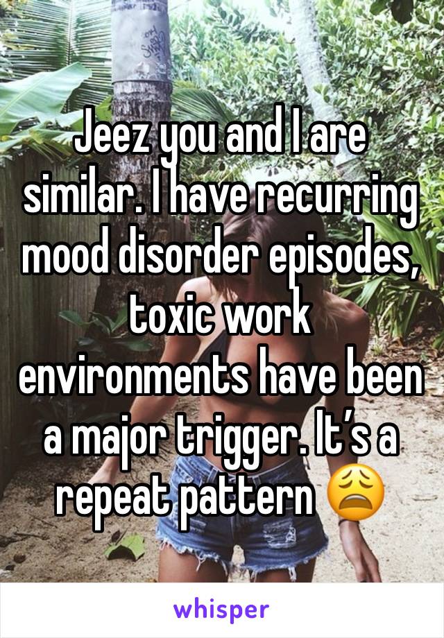 Jeez you and I are similar. I have recurring mood disorder episodes, toxic work environments have been a major trigger. It’s a repeat pattern 😩