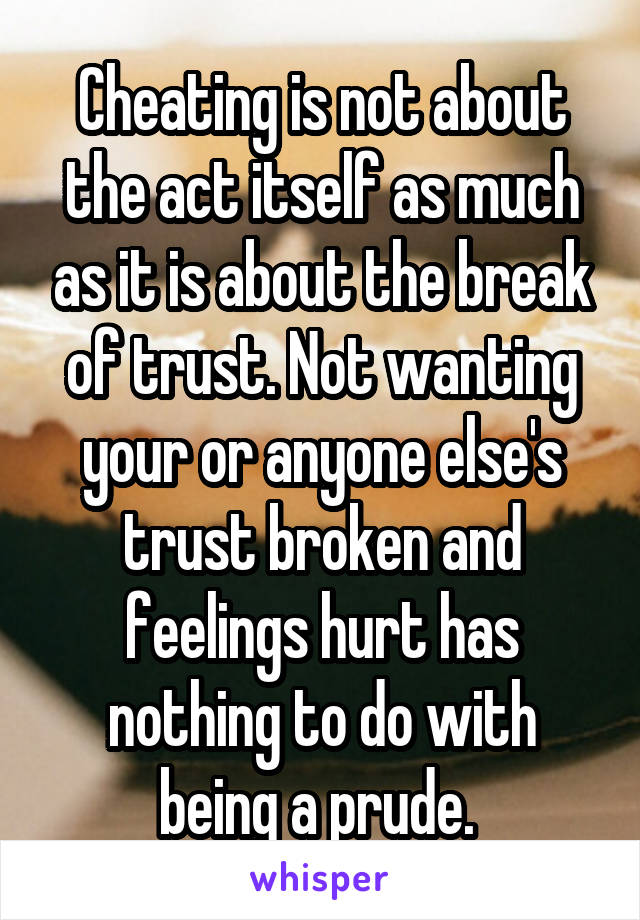 Cheating is not about the act itself as much as it is about the break of trust. Not wanting your or anyone else's trust broken and feelings hurt has nothing to do with being a prude. 