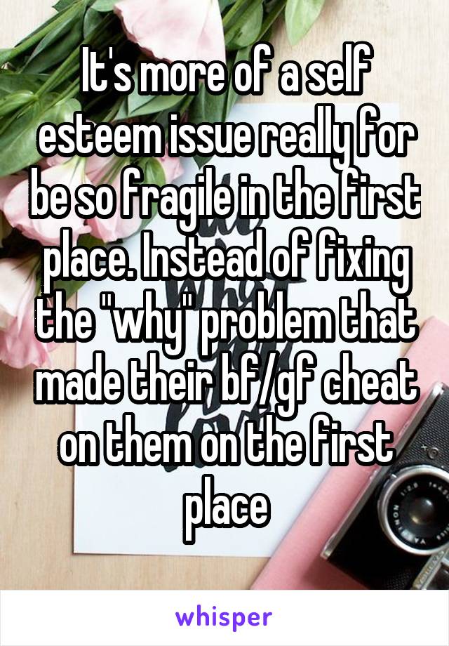 It's more of a self esteem issue really for be so fragile in the first place. Instead of fixing the "why" problem that made their bf/gf cheat on them on the first place
