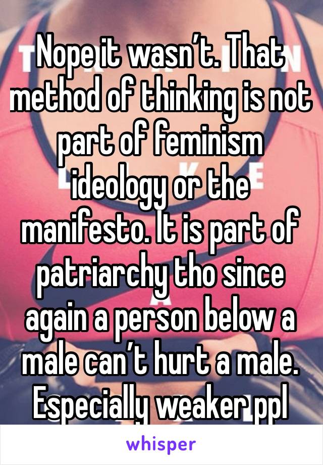 Nope it wasn’t. That method of thinking is not part of feminism ideology or the manifesto. It is part of patriarchy tho since again a person below a male can’t hurt a male. Especially weaker ppl 