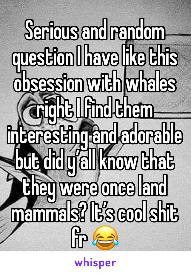 Serious and random question I have like this obsession with whales right I find them interesting and adorable but did y’all know that they were once land mammals? It’s cool shit fr 😂