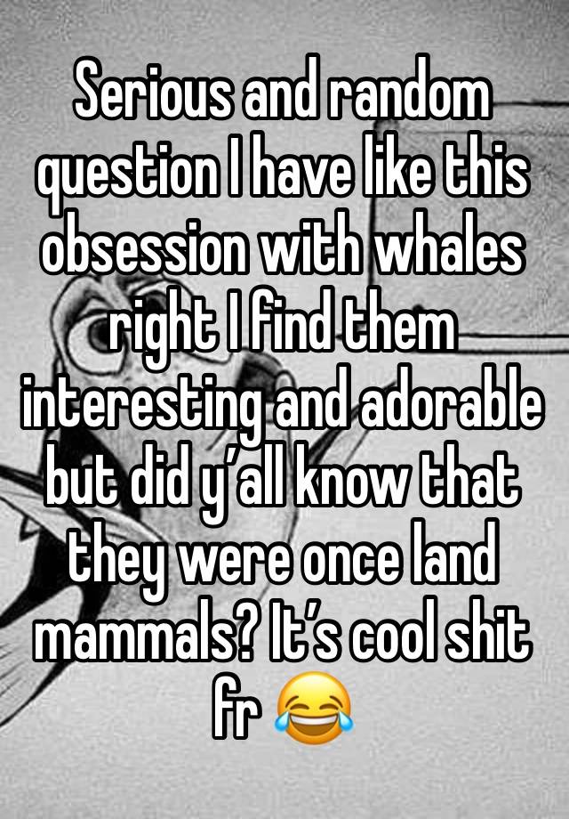 Serious and random question I have like this obsession with whales right I find them interesting and adorable but did y’all know that they were once land mammals? It’s cool shit fr 😂