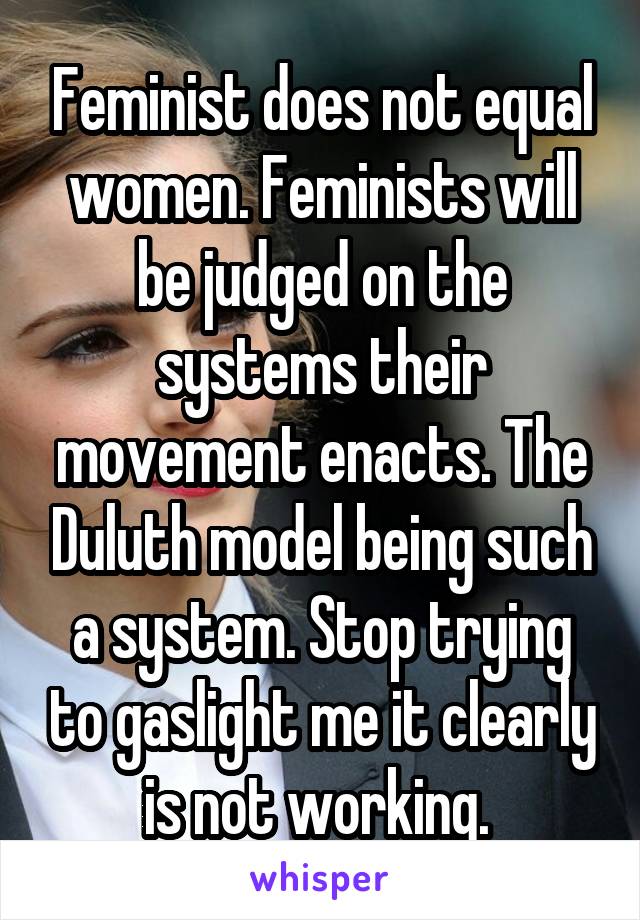 Feminist does not equal women. Feminists will be judged on the systems their movement enacts. The Duluth model being such a system. Stop trying to gaslight me it clearly is not working. 