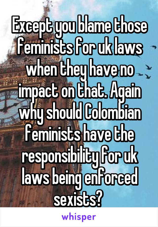 Except you blame those feminists for uk laws when they have no impact on that. Again why should Colombian feminists have the responsibility for uk laws being enforced sexists? 