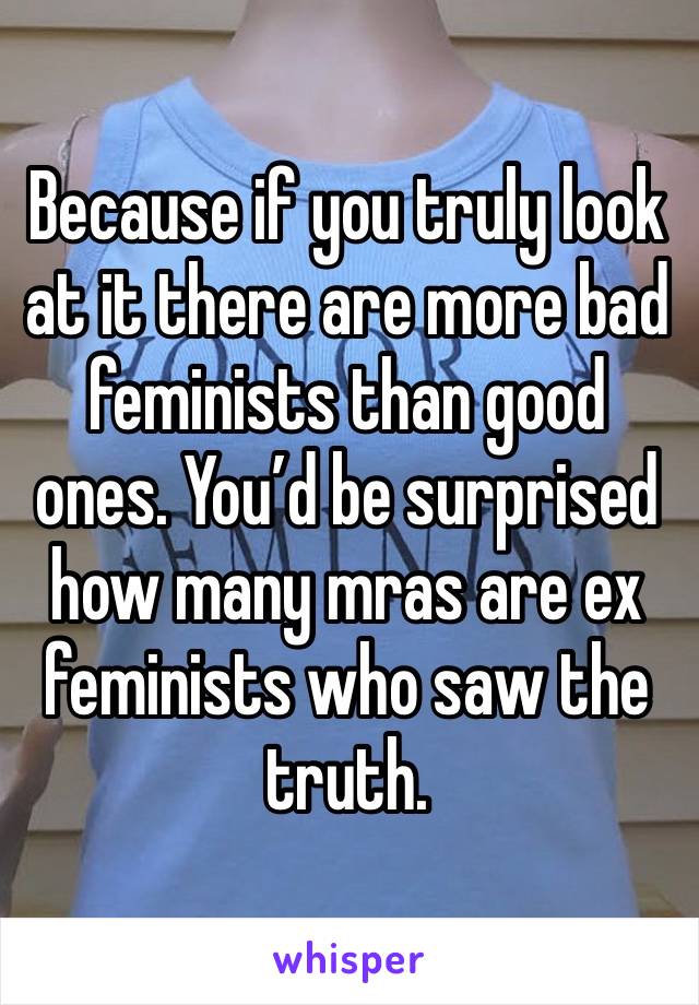 Because if you truly look at it there are more bad feminists than good ones. You’d be surprised how many mras are ex feminists who saw the truth. 