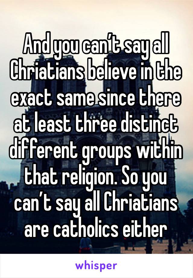 And you can’t say all Chriatians believe in the exact same since there at least three distinct different groups within that religion. So you can’t say all Chriatians are catholics either 