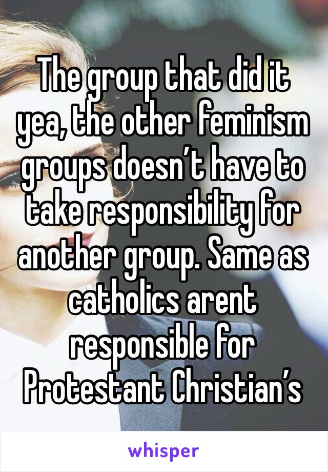 The group that did it yea, the other feminism groups doesn’t have to take responsibility for another group. Same as catholics arent responsible for Protestant Christian’s 