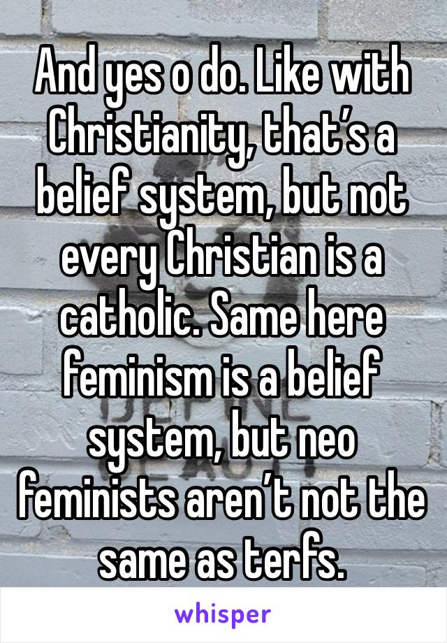 And yes o do. Like with Christianity, that’s a belief system, but not every Christian is a catholic. Same here feminism is a belief system, but neo feminists aren’t not the same as terfs. 