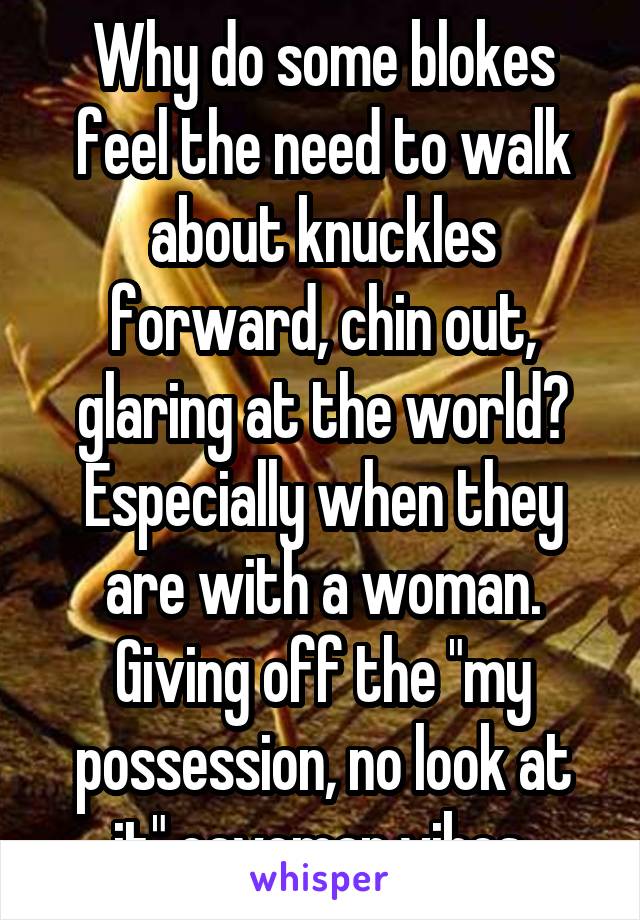 Why do some blokes feel the need to walk about knuckles forward, chin out, glaring at the world?
Especially when they are with a woman. Giving off the "my possession, no look at it" caveman vibes.