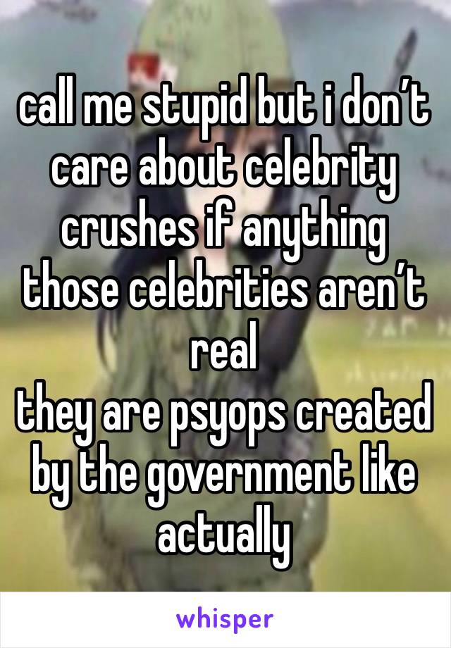 call me stupid but i don’t care about celebrity crushes if anything those celebrities aren’t real
they are psyops created by the government like actually 