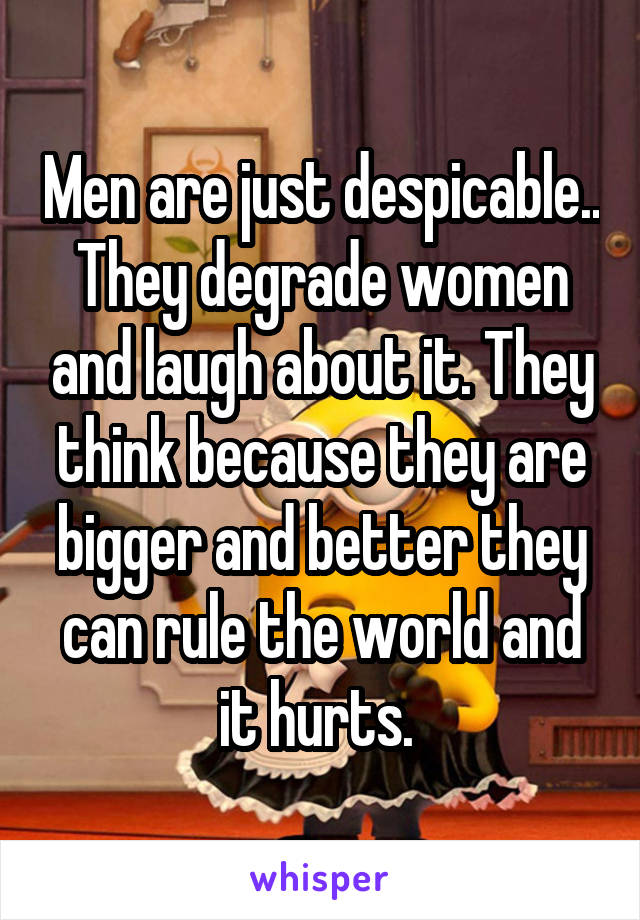 Men are just despicable.. They degrade women and laugh about it. They think because they are bigger and better they can rule the world and it hurts. 