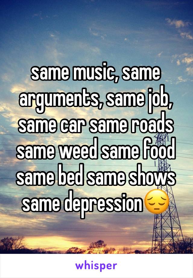 same music, same arguments, same job, same car same roads same weed same food same bed same shows same depression😔